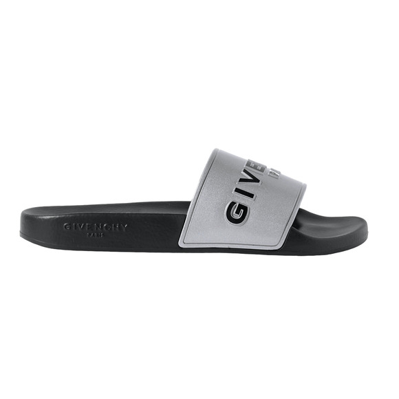 Givenchy Silver Rubber Black Logo Print Slide On Pool Sandal Flip Flop Flat 38 - Picture 1 of 12